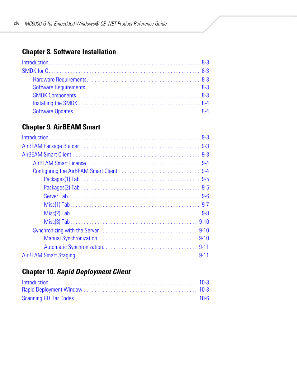 Chapter 8. software installation, Chapter 9. airbeam smart, Chapter 10. rapid deployment client | Symbol Technologies MC9000-G User Manual | Page 16 / 530
