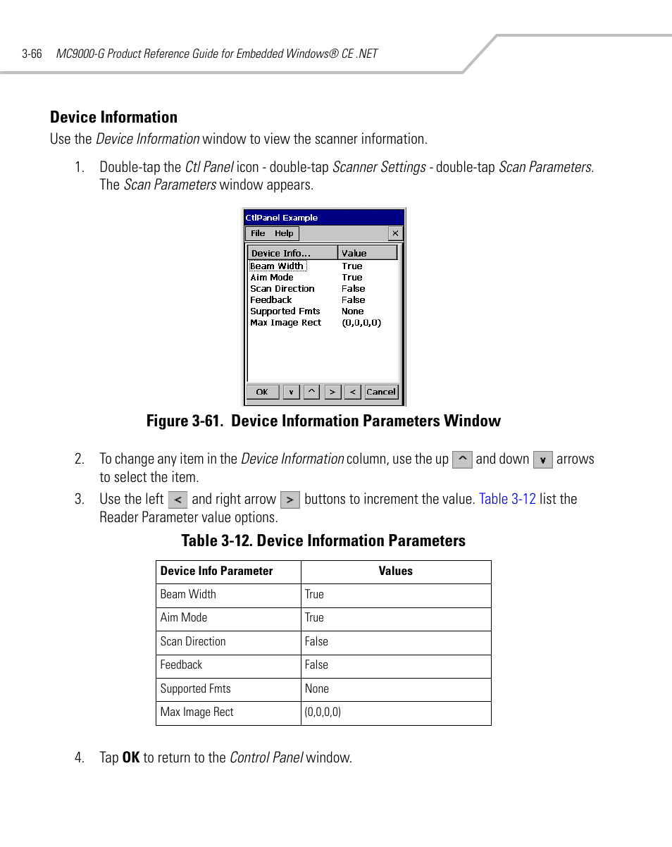 Device information, Device information -66, Figure 3-61. device information parameters window | Table 3-12. device information parameters | Symbol Technologies MC9000-G User Manual | Page 160 / 530