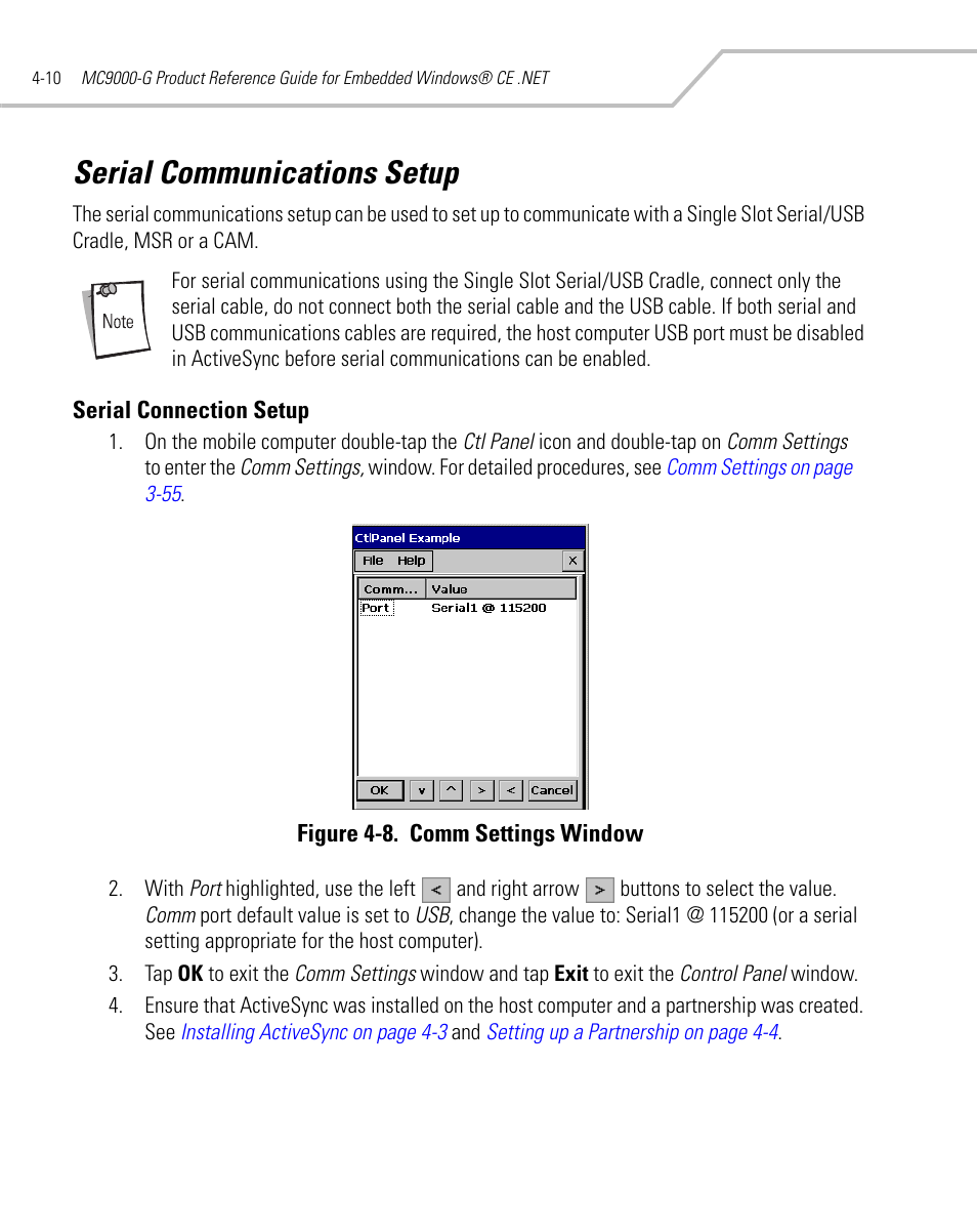 Serial communications setup, Serial connection setup, Serial communications setup -10 | Serial connection setup -10 | Symbol Technologies MC9000-G User Manual | Page 172 / 530