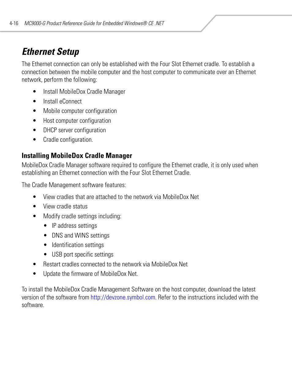 Ethernet setup, Installing mobiledox cradle manager, Ethernet setup -16 | Installing mobiledox cradle manager -16 | Symbol Technologies MC9000-G User Manual | Page 178 / 530