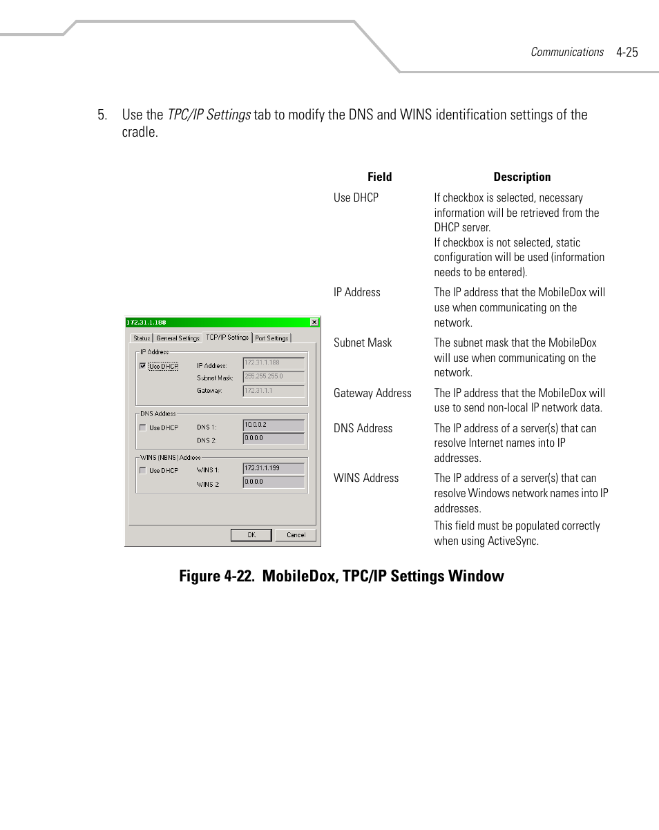 Figure 4-22. mobiledox, tpc/ip settings window | Symbol Technologies MC9000-G User Manual | Page 187 / 530