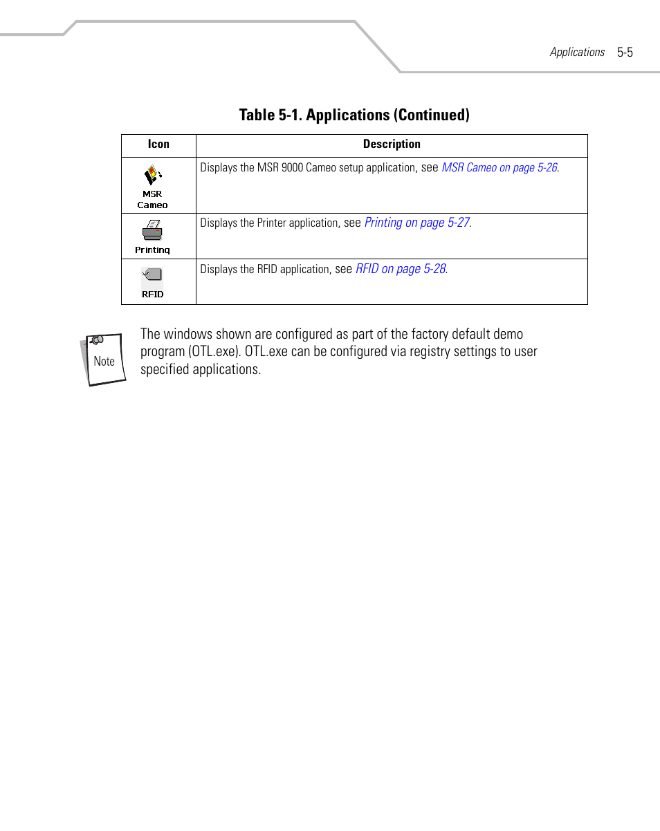 Table 5-1. applications (continued) | Symbol Technologies MC9000-G User Manual | Page 199 / 530
