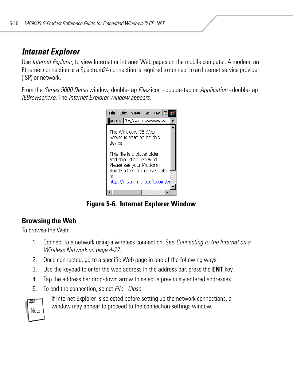 Internet explorer, Browsing the web, Internet explorer -10 | Browsing the web -10 | Symbol Technologies MC9000-G User Manual | Page 204 / 530