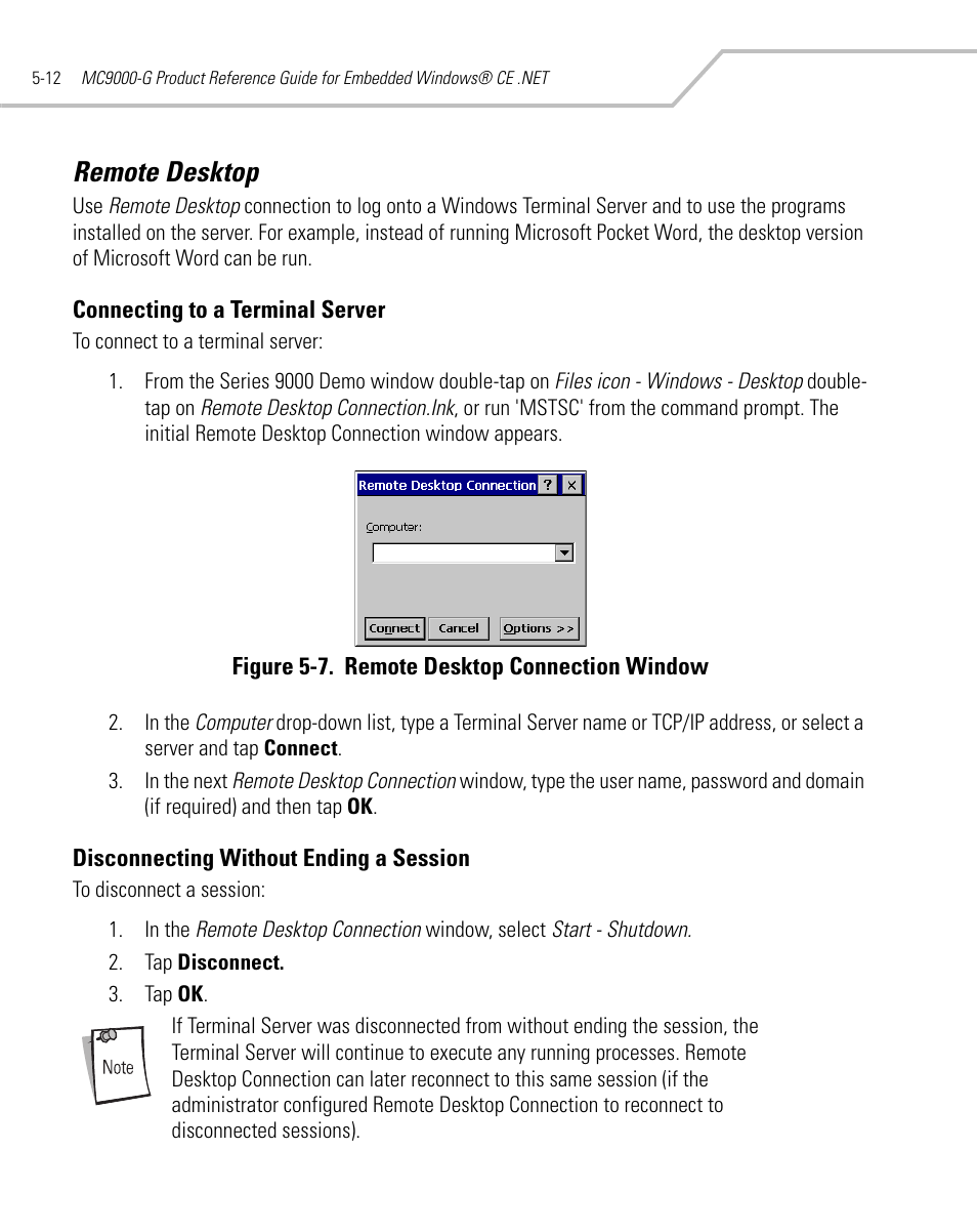 Remote desktop, Connecting to a terminal server, Disconnecting without ending a session | Remote desktop -12 | Symbol Technologies MC9000-G User Manual | Page 206 / 530