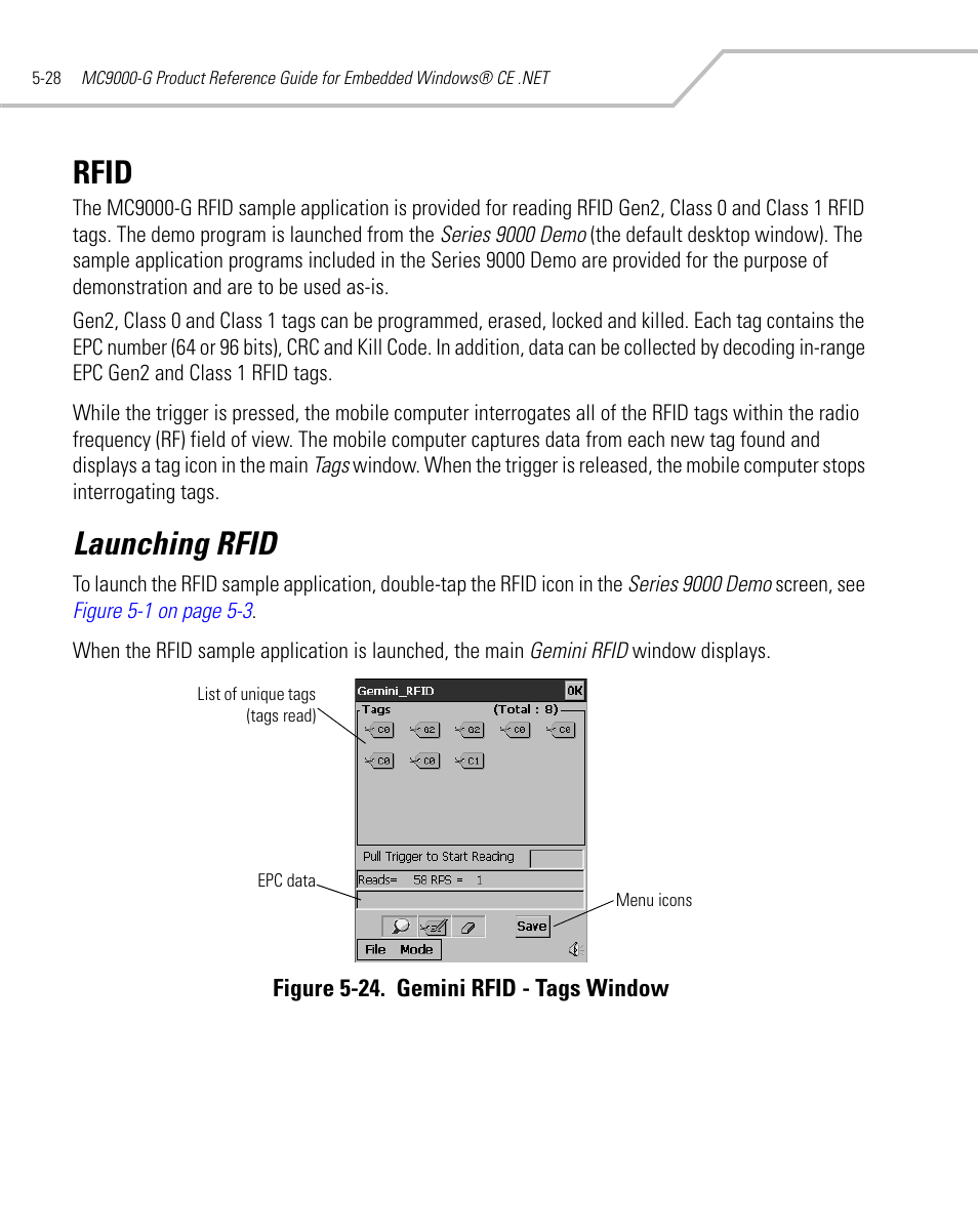 Rfid, Launching rfid, Rfid -28 | Launching rfid -28 | Symbol Technologies MC9000-G User Manual | Page 222 / 530