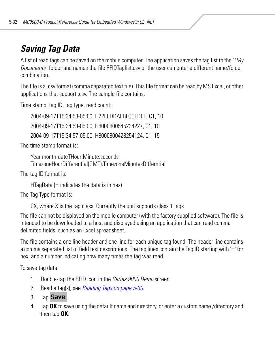 Saving tag data, Saving tag data -32 | Symbol Technologies MC9000-G User Manual | Page 226 / 530