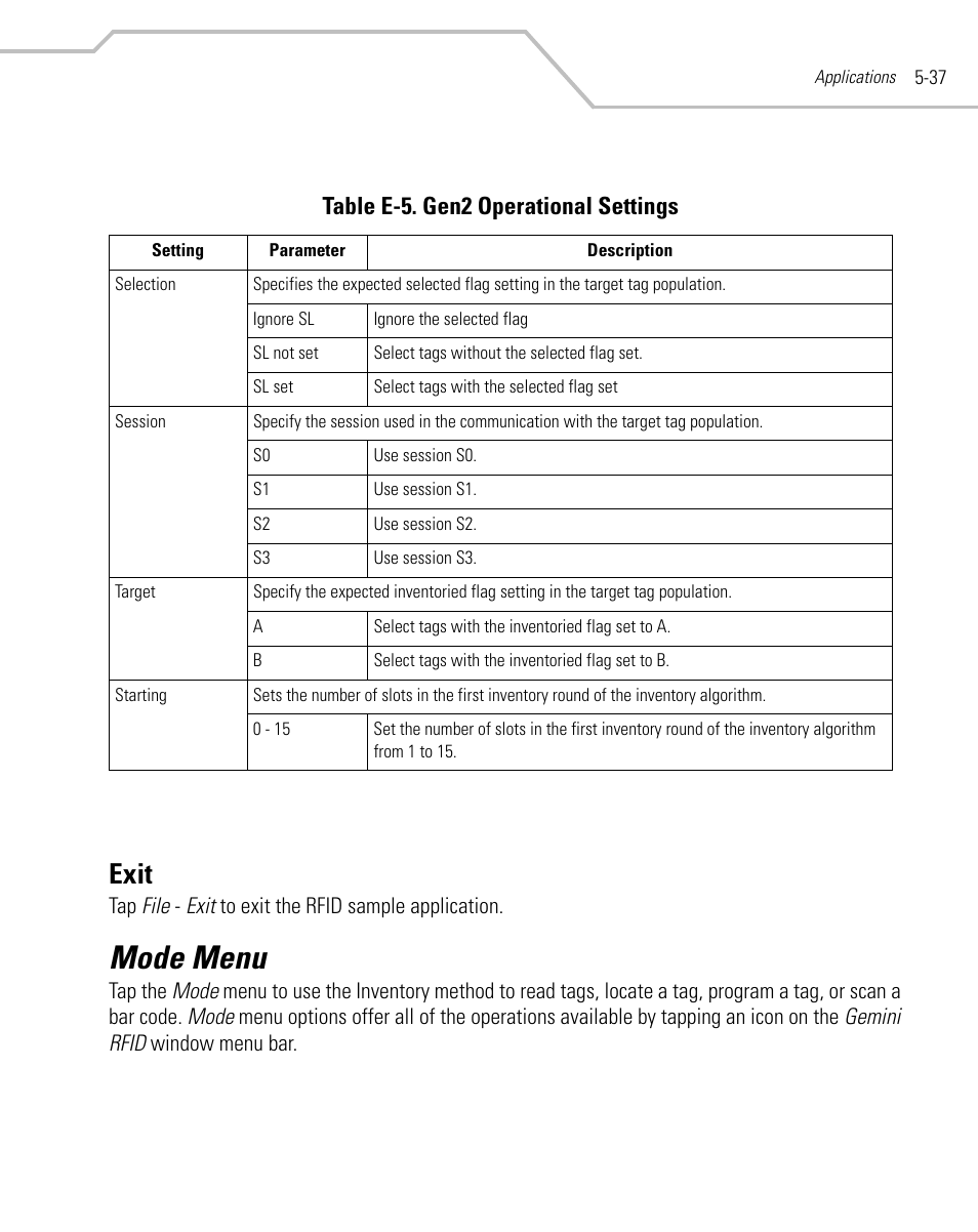 Exit, Mode menu, Exit -37 | Mode menu -37, Table e-5. gen2 operational settings | Symbol Technologies MC9000-G User Manual | Page 231 / 530