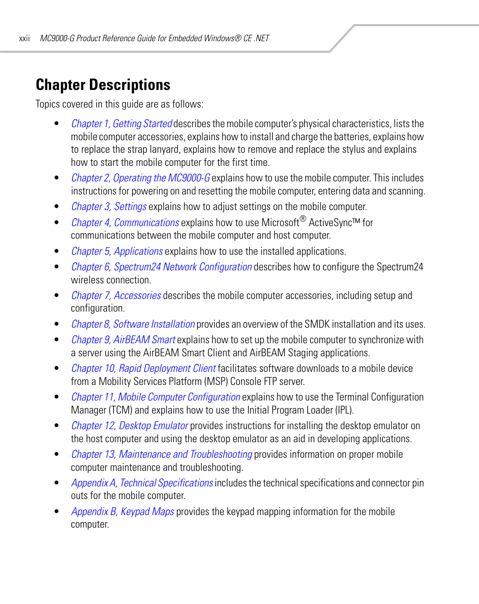 Chapter descriptions | Symbol Technologies MC9000-G User Manual | Page 24 / 530