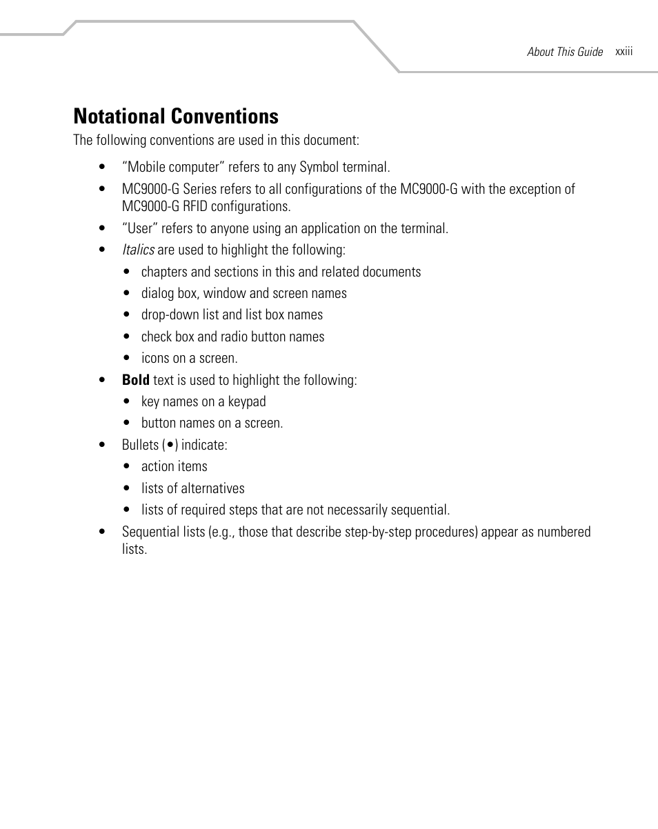 Notational conventions | Symbol Technologies MC9000-G User Manual | Page 25 / 530