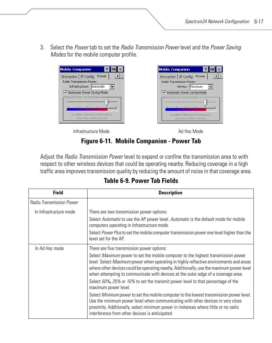 Figure 6-11. mobile companion - power tab, Table 6-9. power tab fields | Symbol Technologies MC9000-G User Manual | Page 253 / 530