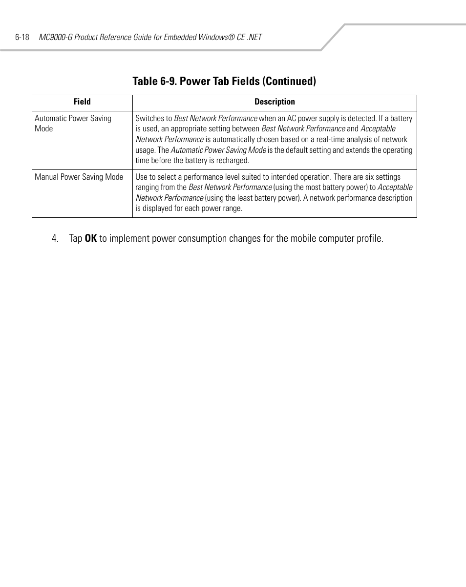 Table 6-9. power tab fields (continued) | Symbol Technologies MC9000-G User Manual | Page 254 / 530