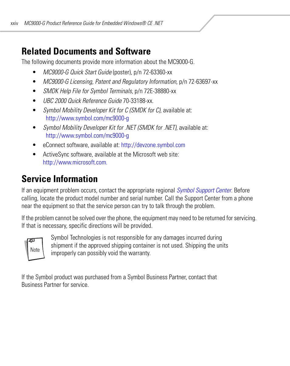 Related documents and software, Service information | Symbol Technologies MC9000-G User Manual | Page 26 / 530