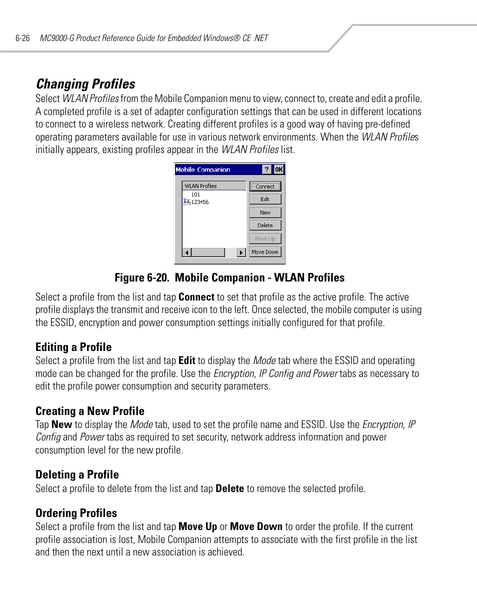 Changing profiles, Editing a profile, Creating a new profile | Deleting a profile, Ordering profiles, Changing profiles -26, Editing a profile -26, Editing a profile -26 creating a new profile -26, Deleting a profile -26 ordering profiles -26 | Symbol Technologies MC9000-G User Manual | Page 262 / 530