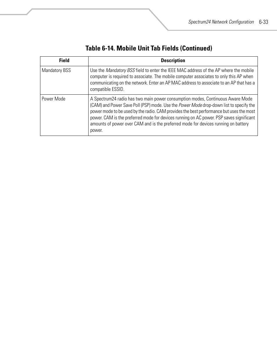 Table 6-14. mobile unit tab fields (continued) | Symbol Technologies MC9000-G User Manual | Page 269 / 530