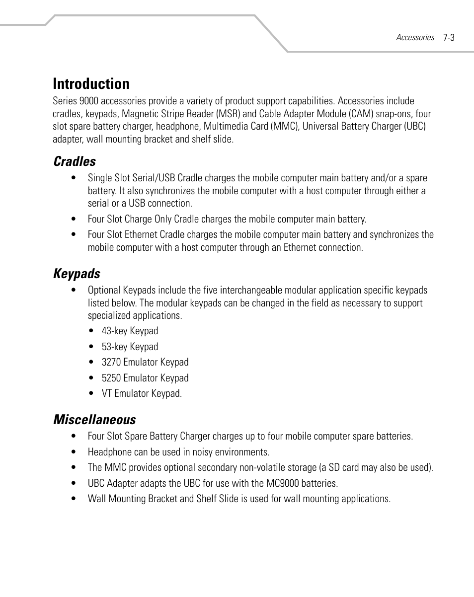 Introduction, Cradles, Keypads | Miscellaneous, Introduction -3, Cradles -3 keypads -3 miscellaneous -3 | Symbol Technologies MC9000-G User Manual | Page 279 / 530