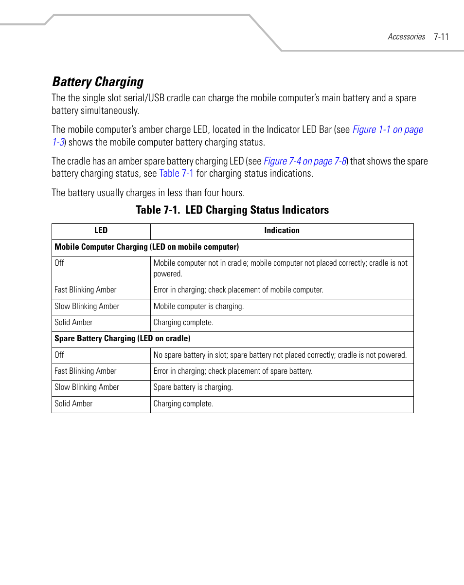 Battery charging, Battery charging -11, Table 7-1. led charging status indicators | Symbol Technologies MC9000-G User Manual | Page 287 / 530