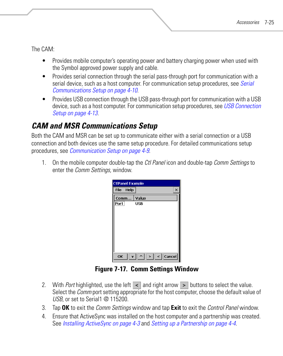 Cam and msr communications setup, Cam and msr communications setup -25 | Symbol Technologies MC9000-G User Manual | Page 301 / 530