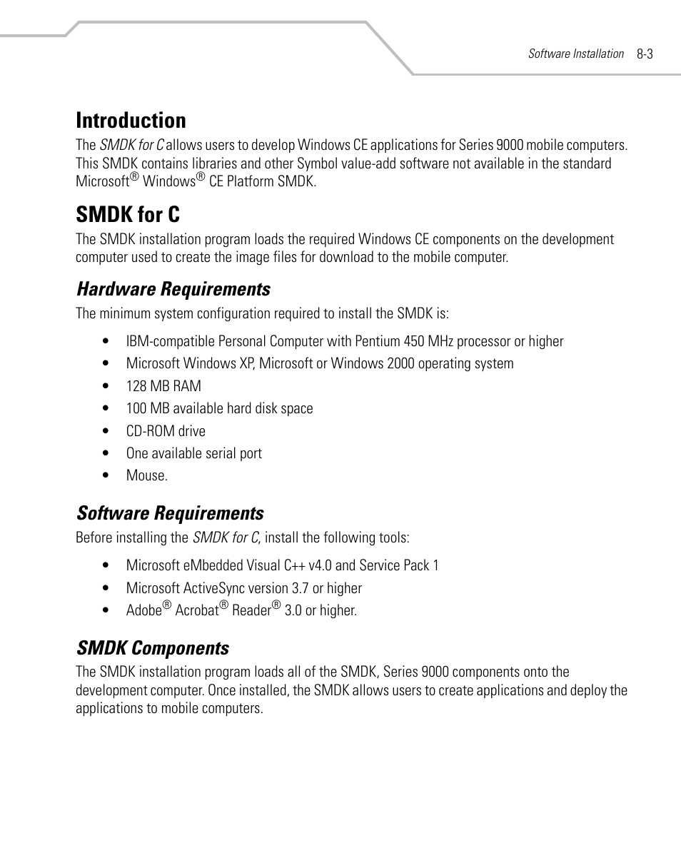 Introduction, Smdk for c, Hardware requirements | Software requirements, Smdk components, Introduction -3 smdk for c -3 | Symbol Technologies MC9000-G User Manual | Page 327 / 530