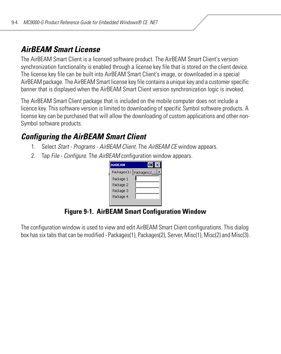 Airbeam smart license, Configuring the airbeam smart client | Symbol Technologies MC9000-G User Manual | Page 332 / 530