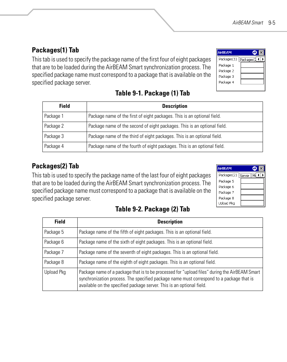 Packages(1) tab, Packages(2) tab, Packages(1) tab -5 | Packages(2) tab -5, Packages(1) tab -5 packages(2) tab -5, Table 9-1. package (1) tab, Table 9-2. package (2) tab | Symbol Technologies MC9000-G User Manual | Page 333 / 530