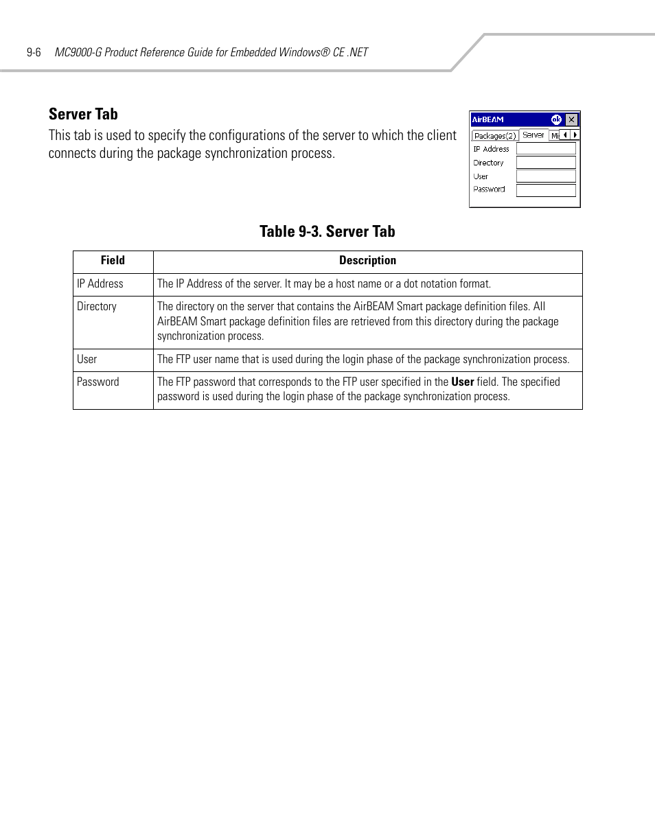 Server tab, Server tab -6, Table 9-3. server tab | Symbol Technologies MC9000-G User Manual | Page 334 / 530