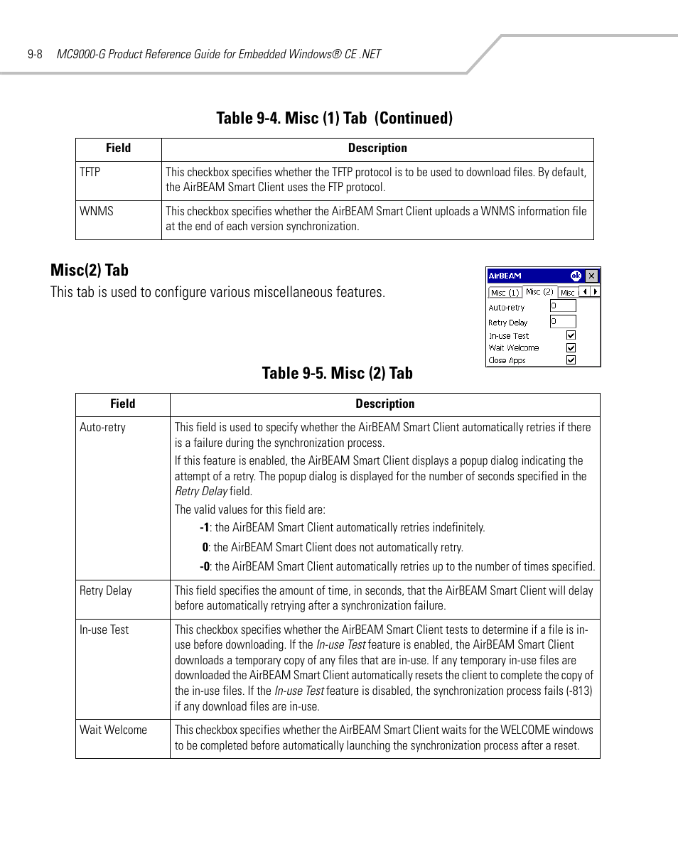 Misc(2) tab, Misc(2) tab -8, Table 9-5. misc (2) tab | Table 9-4. misc (1) tab (continued) | Symbol Technologies MC9000-G User Manual | Page 336 / 530