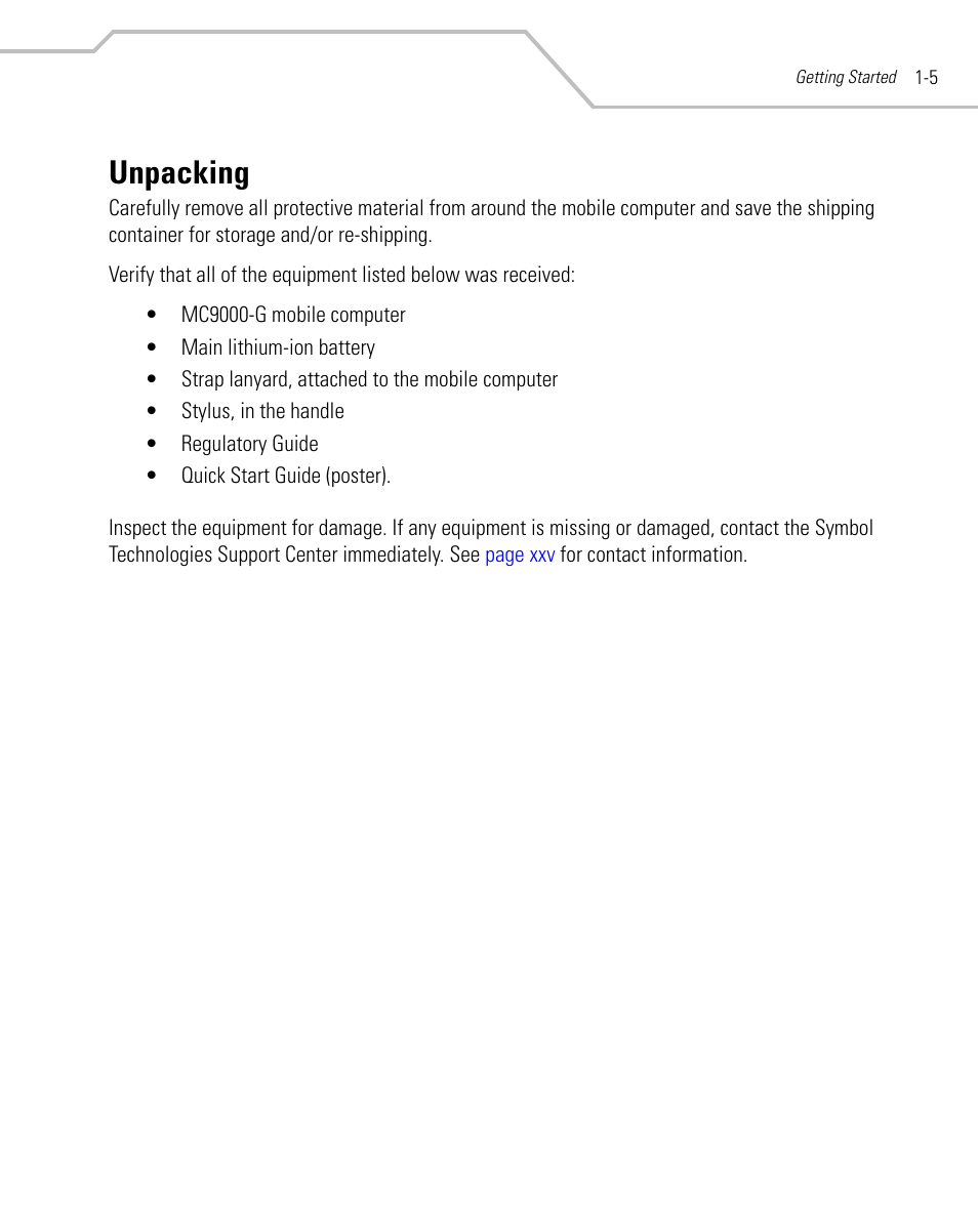 Unpacking, Unpacking -5 | Symbol Technologies MC9000-G User Manual | Page 35 / 530