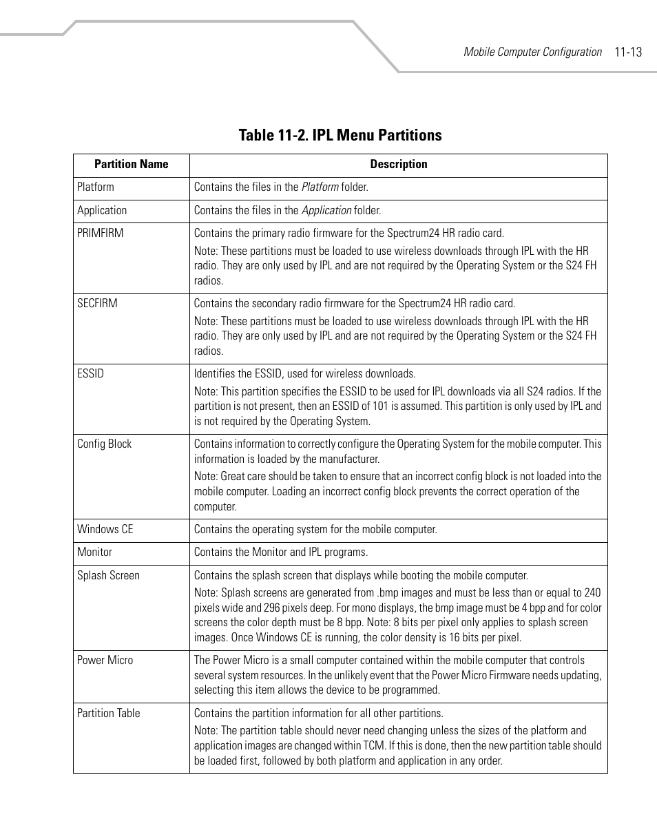 Table 11-2. ipl menu partitions | Symbol Technologies MC9000-G User Manual | Page 361 / 530