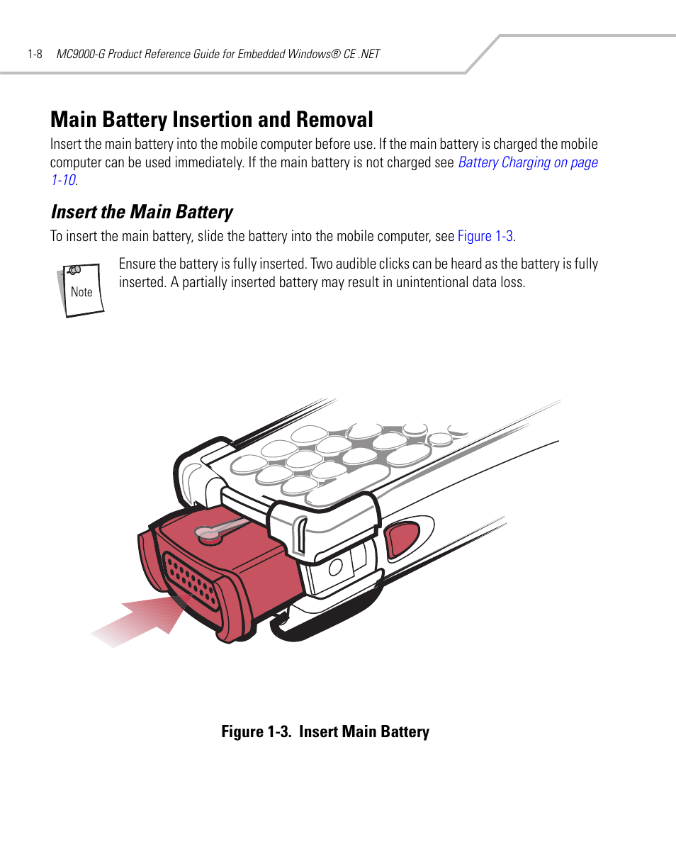 Main battery insertion and removal, Insert the main battery, Main battery insertion and removal -8 | Insert the main battery -8 | Symbol Technologies MC9000-G User Manual | Page 38 / 530