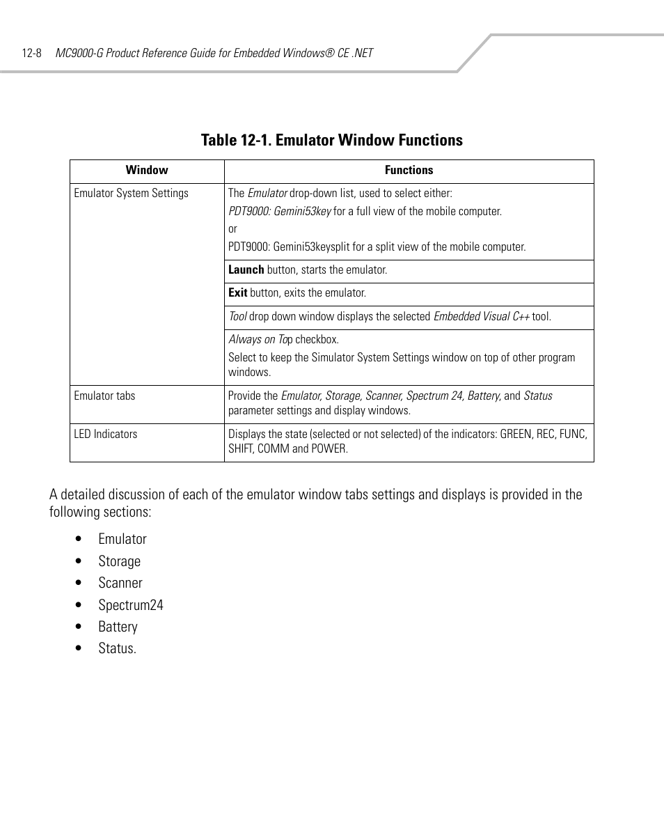 Table 12-1. emulator window functions | Symbol Technologies MC9000-G User Manual | Page 388 / 530