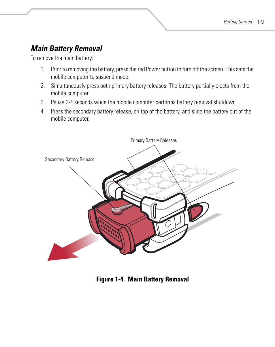 Main battery removal, Main battery removal -9 | Symbol Technologies MC9000-G User Manual | Page 39 / 530