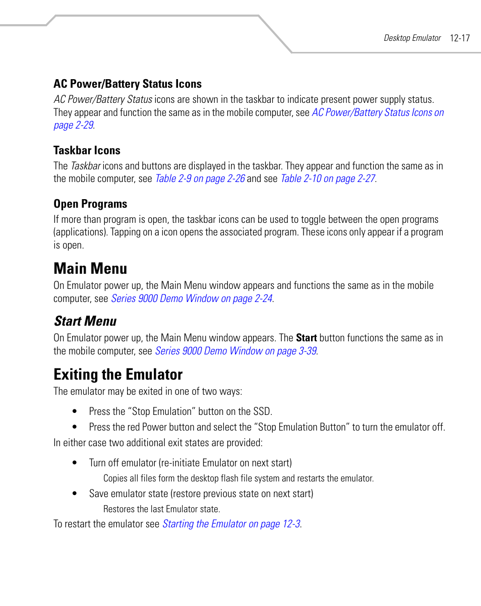 Ac power/battery status icons, Taskbar icons, Open programs | Main menu, Start menu, Exiting the emulator, Open programs -17, Main menu -17, Start menu -17, Exiting the emulator -17 | Symbol Technologies MC9000-G User Manual | Page 397 / 530