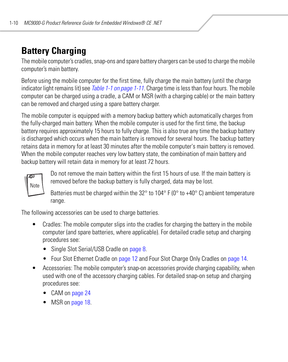 Battery charging, Battery charging -10 | Symbol Technologies MC9000-G User Manual | Page 40 / 530