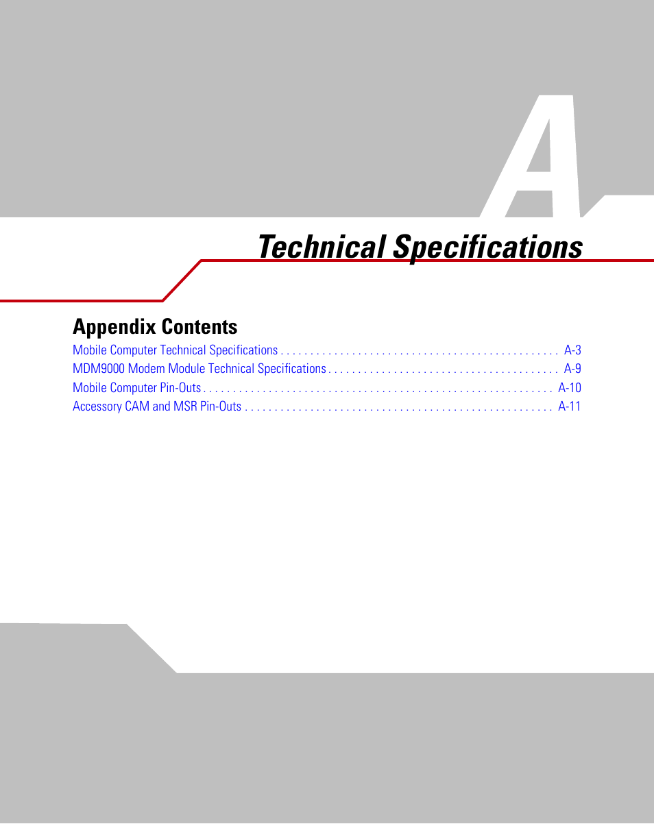 Technical specifications, Appendix a. t, Appendix a, technical specifications | Symbol Technologies MC9000-G User Manual | Page 417 / 530