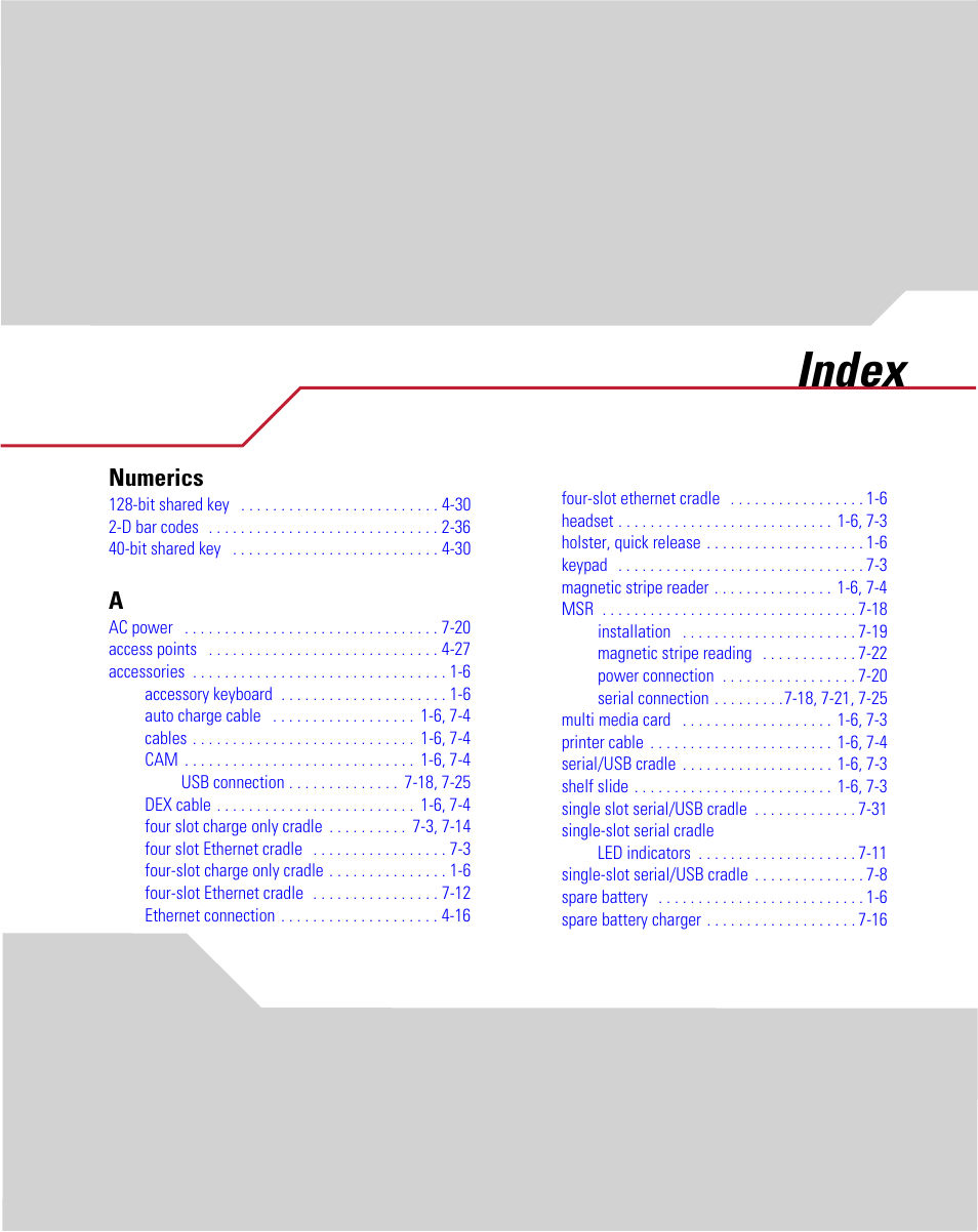 Numerics, Index | Symbol Technologies MC9000-G User Manual | Page 519 / 530