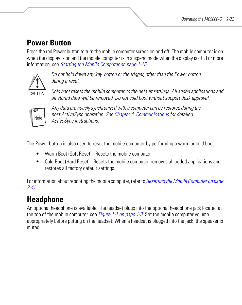 Power button, Headphone, Power button -23 | Headphone -23, Power button -23 headphone -23 | Symbol Technologies MC9000-G User Manual | Page 71 / 530