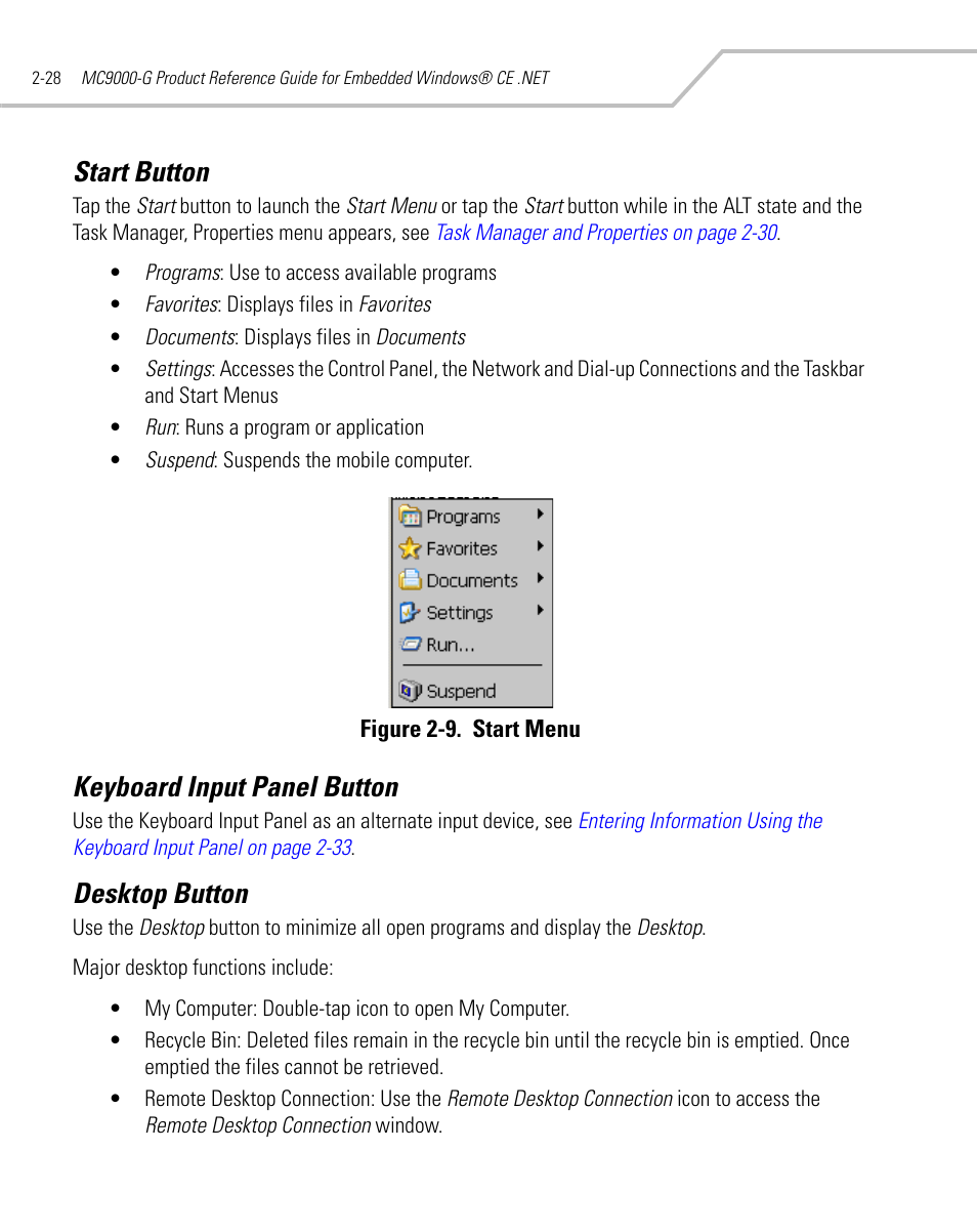 Start button, Keyboard input panel button, Desktop button | Start button -28, Keyboard input panel button -28 desktop button -28 | Symbol Technologies MC9000-G User Manual | Page 76 / 530