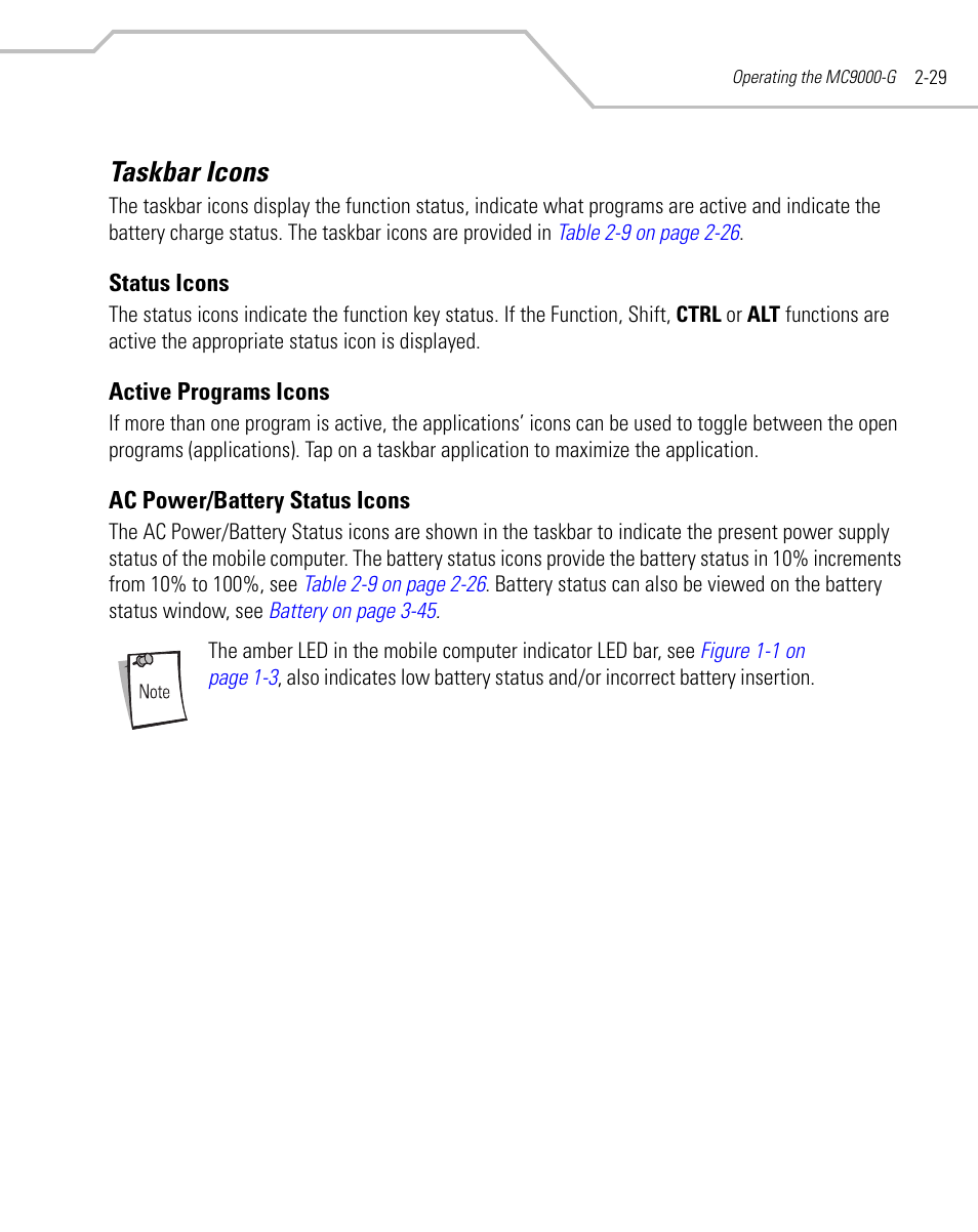 Taskbar icons, Status icons, Active programs icons | Ac power/battery status icons, Taskbar icons -29, Status icons -29, Status icons -29 active programs icons -29, Ac power/battery status icons -29 | Symbol Technologies MC9000-G User Manual | Page 77 / 530