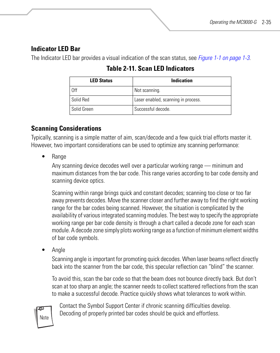 Indicator led bar, Scanning considerations, Indicator led bar -35 | Scanning considerations -35 | Symbol Technologies MC9000-G User Manual | Page 83 / 530