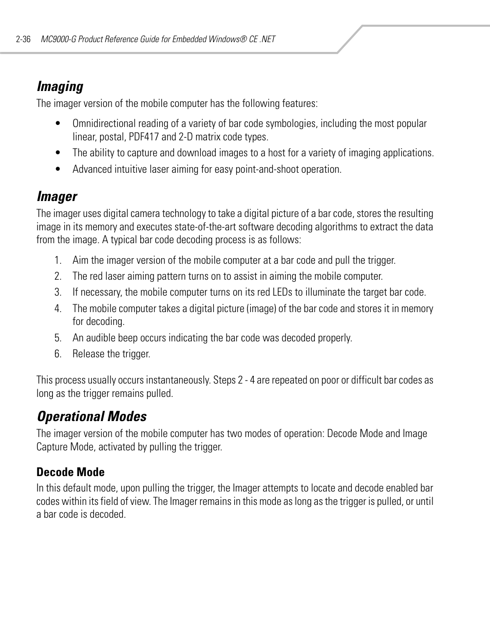 Imaging, Imager, Operational modes | Decode mode, Imaging -36 imager -36 operational modes -36, Decode mode -36 | Symbol Technologies MC9000-G User Manual | Page 84 / 530