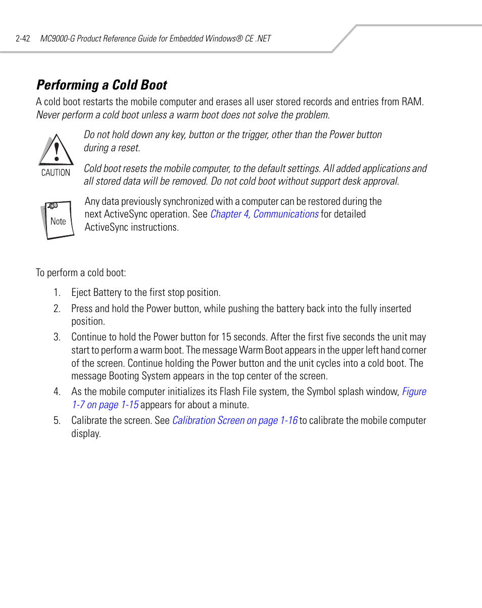 Performing a cold boot, Performing a cold boot -42 | Symbol Technologies MC9000-G User Manual | Page 90 / 530