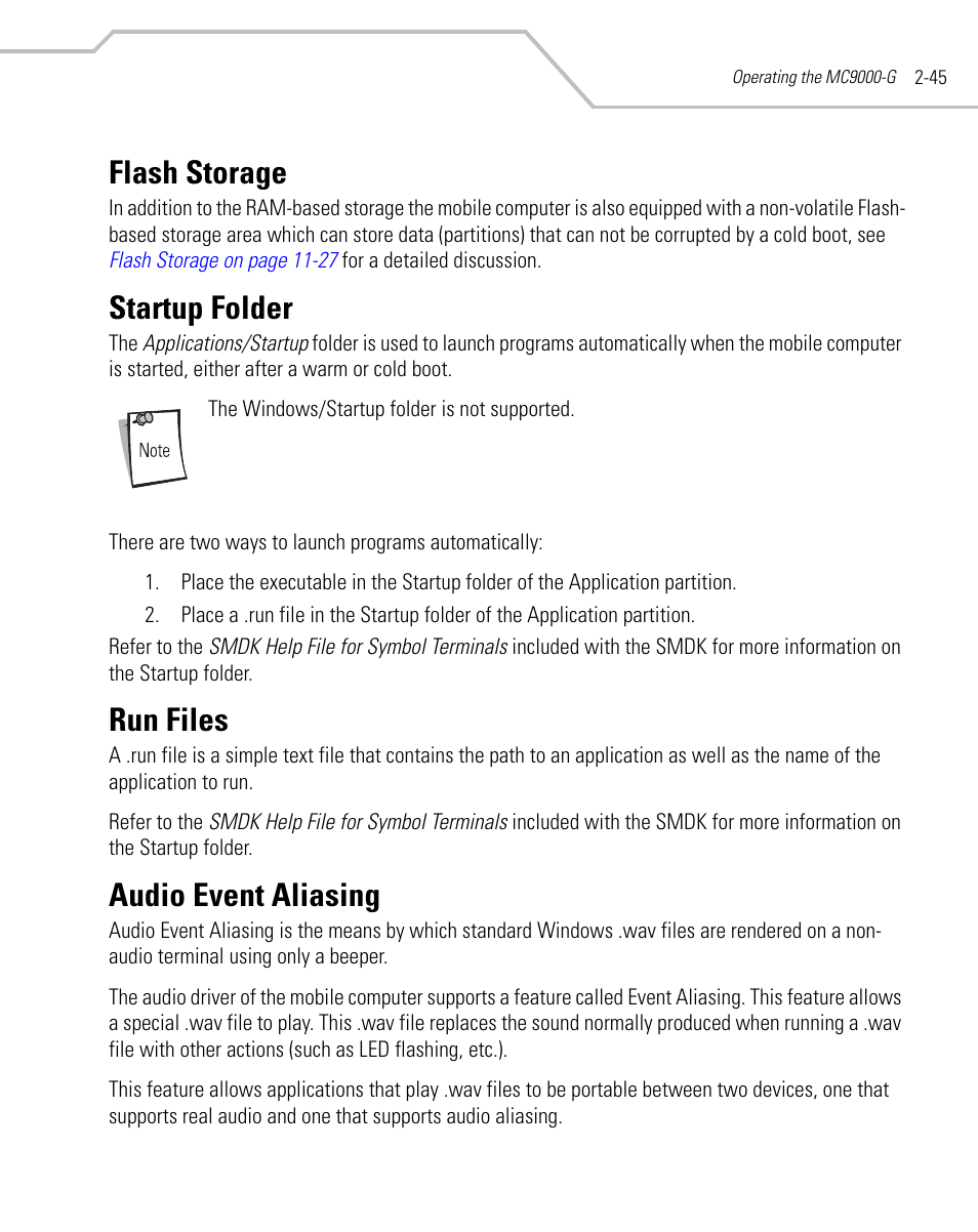 Flash storage, Startup folder, Run files | Audio event aliasing, Flash storage -45, Flash storage -45 startup folder -45, Run files -45 audio event aliasing -45 | Symbol Technologies MC9000-G User Manual | Page 93 / 530