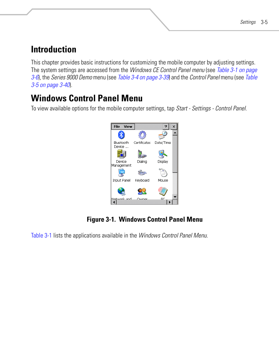 Introduction, Windows control panel menu, Introduction -5 windows control panel menu -5 | Windows control panel menu -5 | Symbol Technologies MC9000-G User Manual | Page 99 / 530