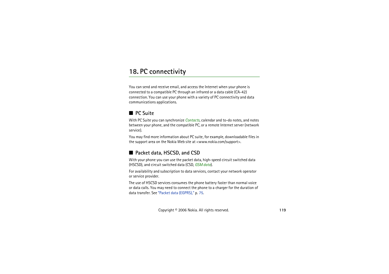 Pc connectivity, Pc suite, Packet data, hscsd, and csd | Pc suite packet data, hscsd, and csd | Symbol Technologies 6103 User Manual | Page 119 / 140