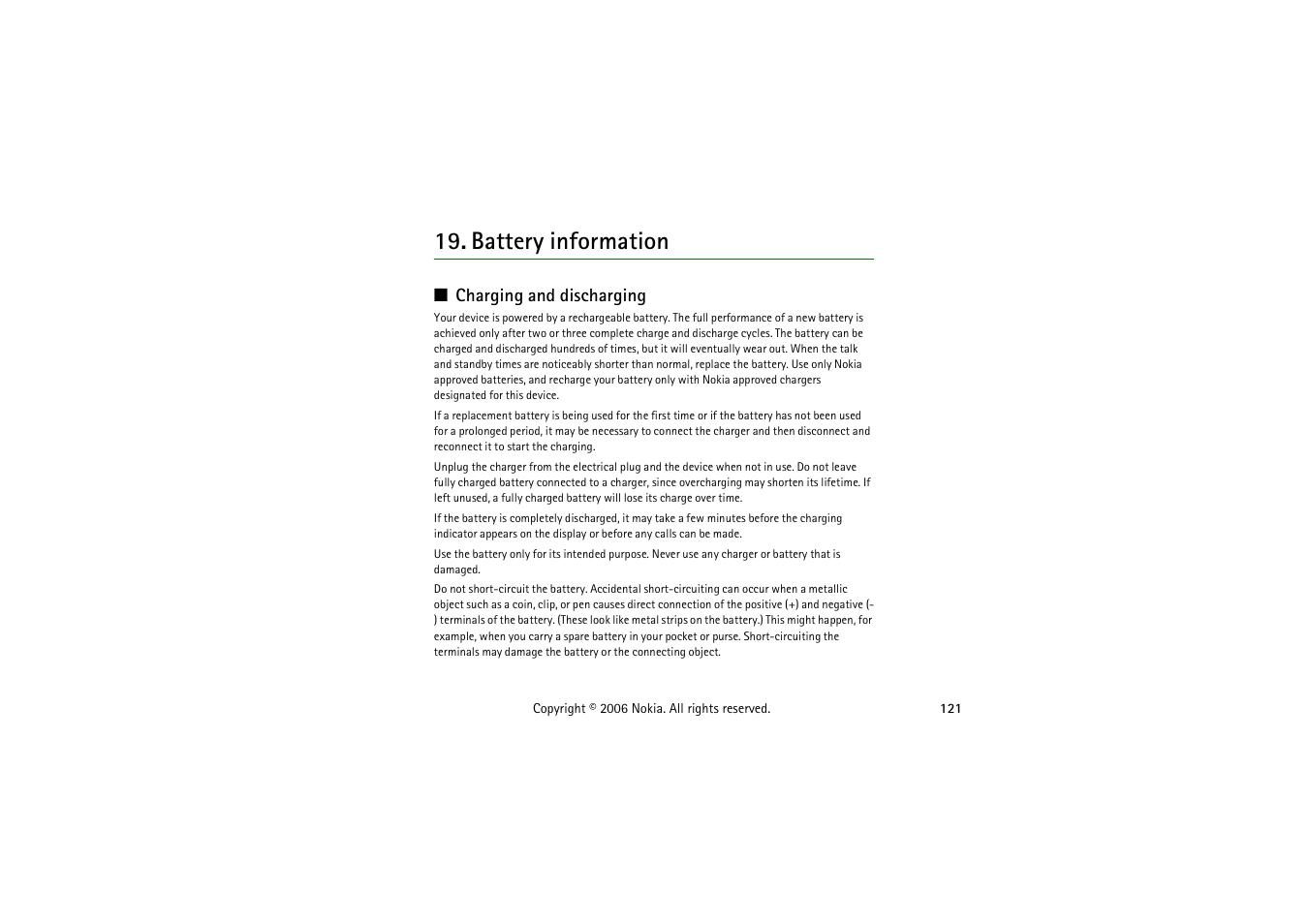 Battery information, Charging and discharging | Symbol Technologies 6103 User Manual | Page 121 / 140