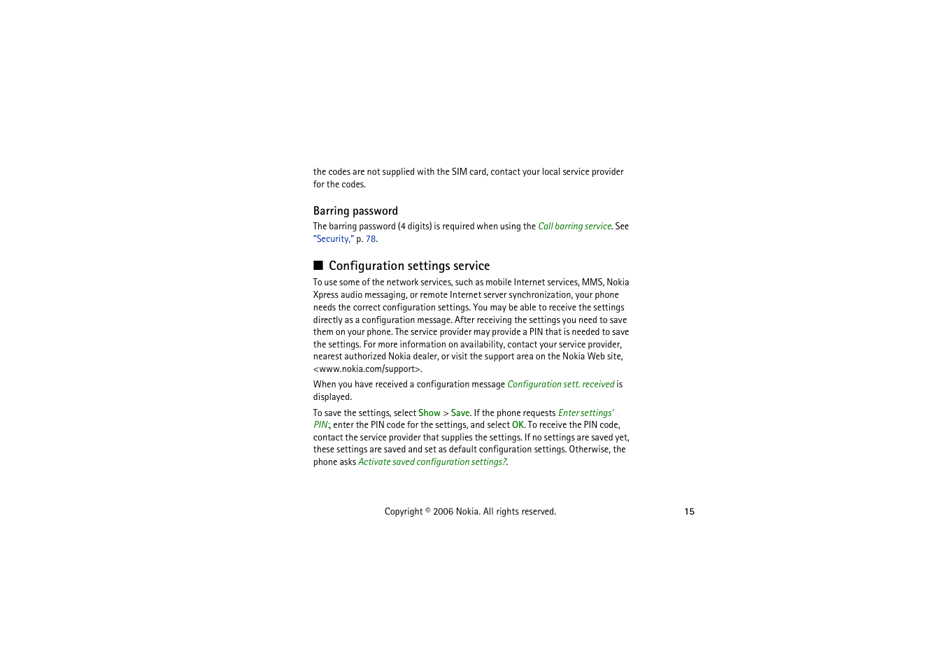 Barring password, Configuration settings service | Symbol Technologies 6103 User Manual | Page 15 / 140