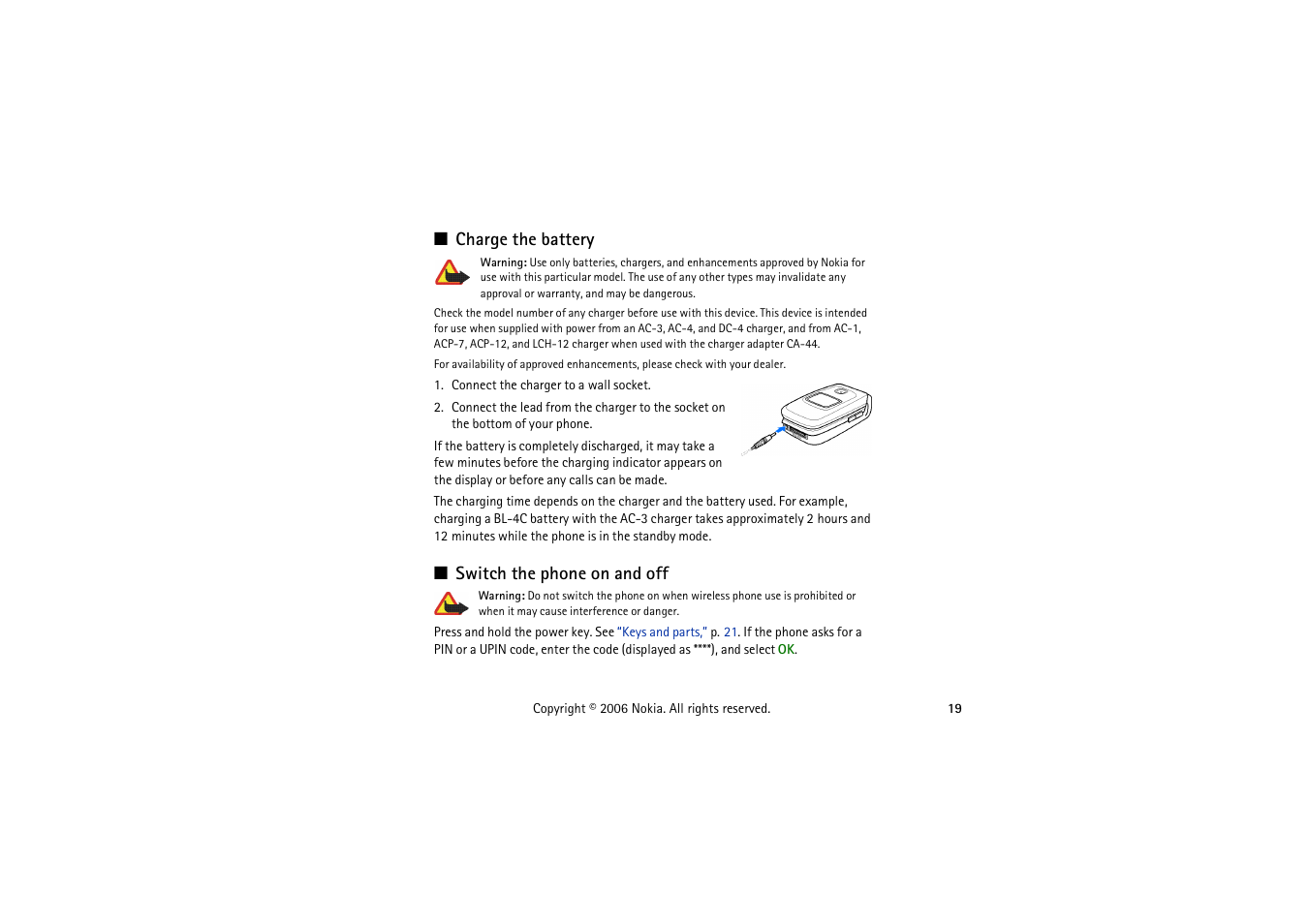 Charge the battery, Switch the phone on and off, Charge the battery switch the phone on and off | Symbol Technologies 6103 User Manual | Page 19 / 140