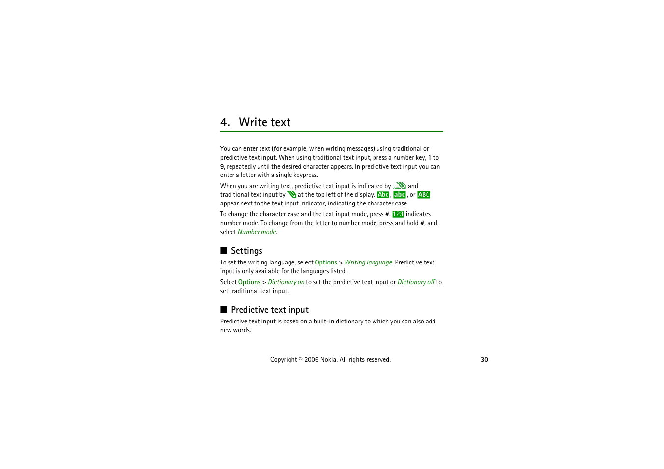 Write text, Settings, Predictive text input | Settings predictive text input | Symbol Technologies 6103 User Manual | Page 30 / 140