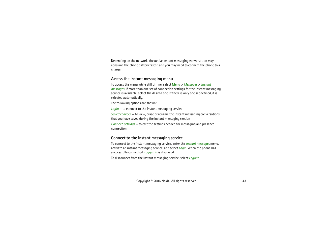 Access the instant messaging menu, Connect to the instant messaging service | Symbol Technologies 6103 User Manual | Page 43 / 140