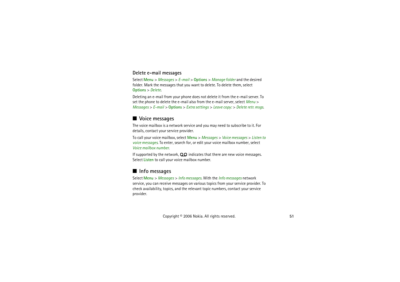 Delete e-mail messages, Voice messages, Info messages | Voice messages info messages | Symbol Technologies 6103 User Manual | Page 51 / 140